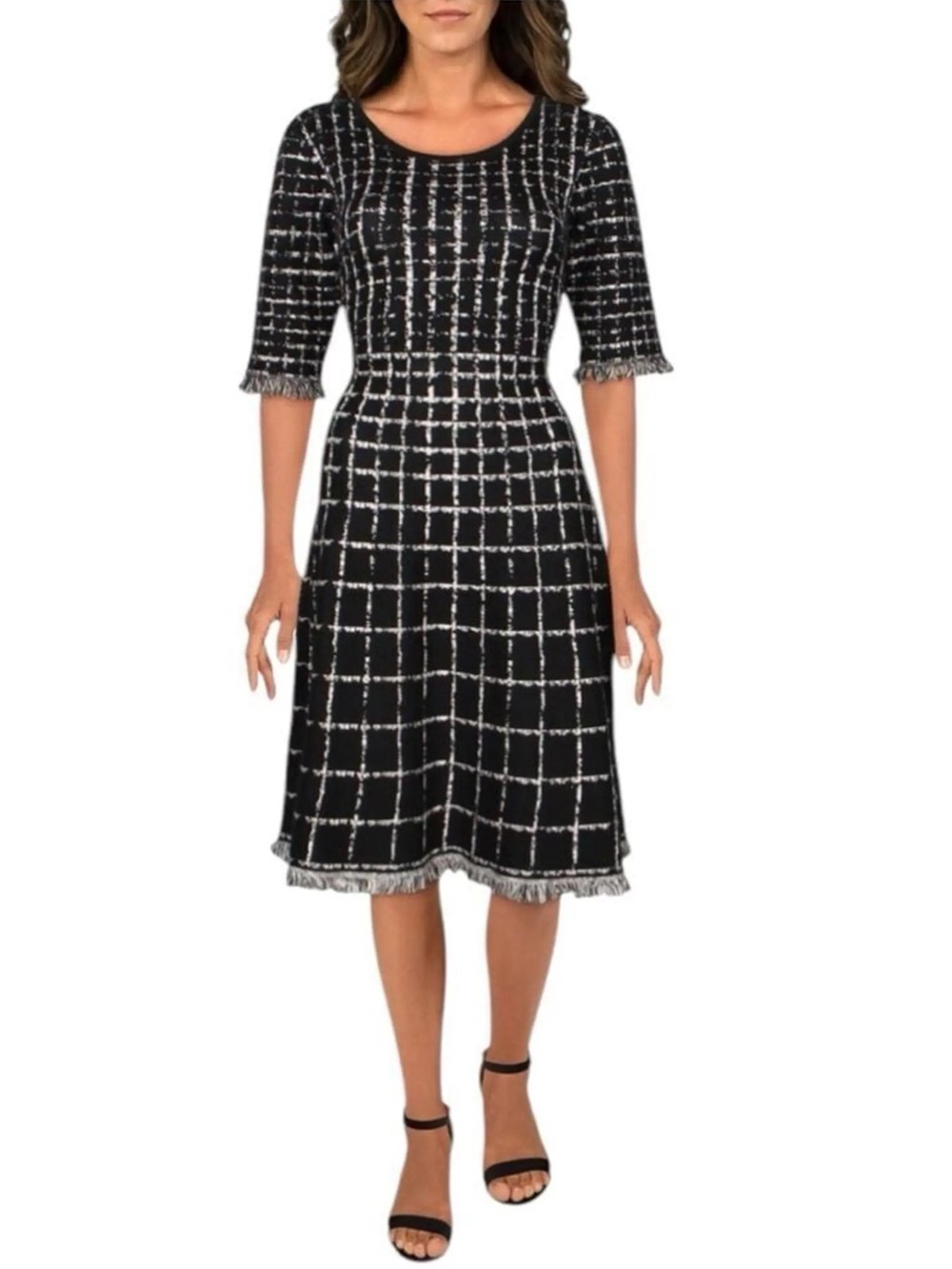 TAYLOR PLAID Black Windowpane GRID PATTERN Knit RAW EDGE HEM A-Line Dress SIZE S